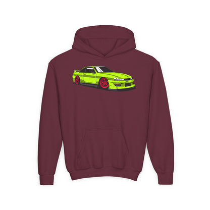 Youth Heavy Blend Hooded Sweatshirt - Yellow green race car Printify