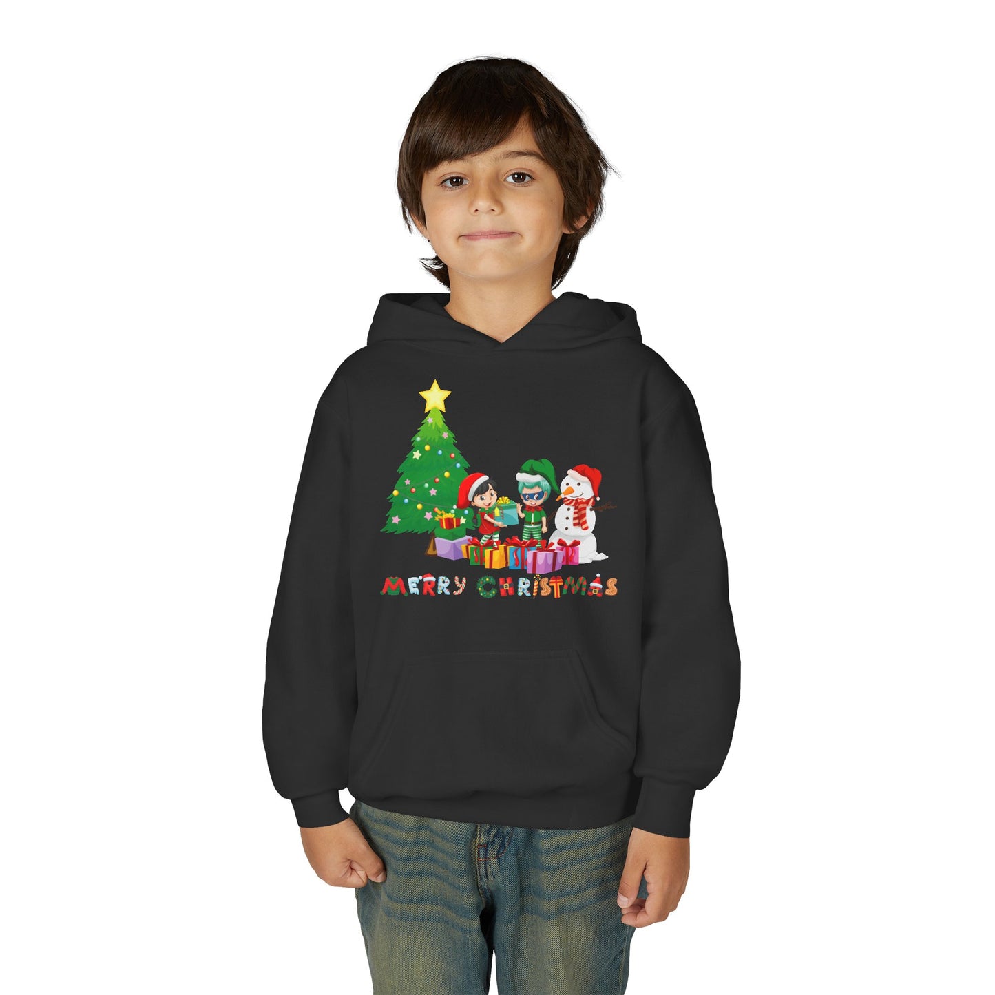 Youth Heavy Blend Hooded Sweatshirt - Super kiddo preparing gifts