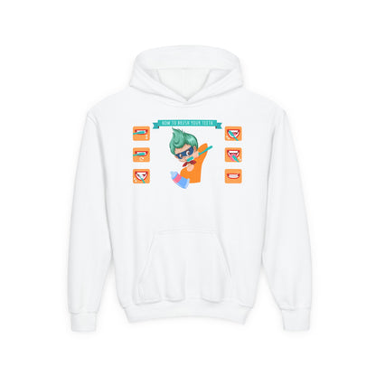 Youth Heavy Blend Hooded Sweatshirt - Super kiddo how to brush teeth - [[{"value":"Wonderwear Kid"}]]