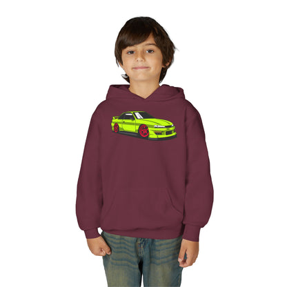 Youth Heavy Blend Hooded Sweatshirt - Yellow green race car Printify