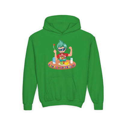 Youth Heavy Blend Hooded Sweatshirt - super kiddo eating healthy food - [[{"value":"Wonderwear Kid"}]]