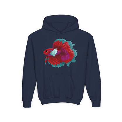 Youth Heavy Blend Hooded Sweatshirt - Red Siamese fighting fish Printify