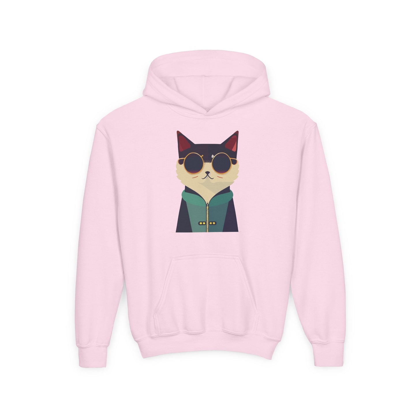 Youth Heavy Blend Hooded Sweatshirt - Cool Cat with Sunglasses