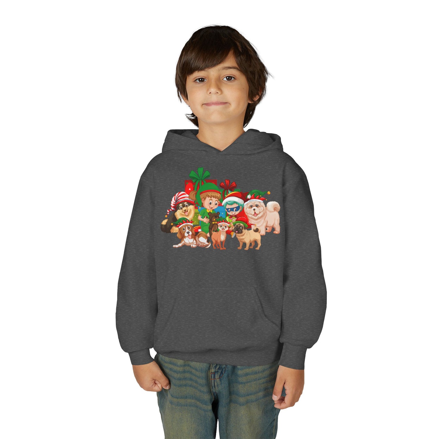 Youth Heavy Blend Hooded Sweatshirt - Christmas with super kiddo pet friends without text