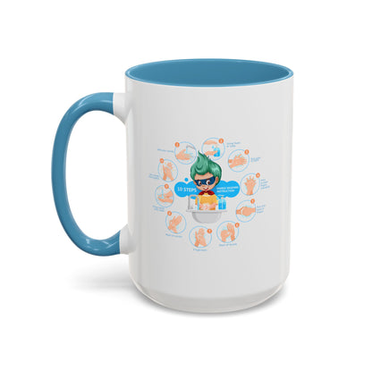 Accent Coffee Mug - Super kiddo hand washing steps - [[{"value":"Wonderwear Kid"}]]