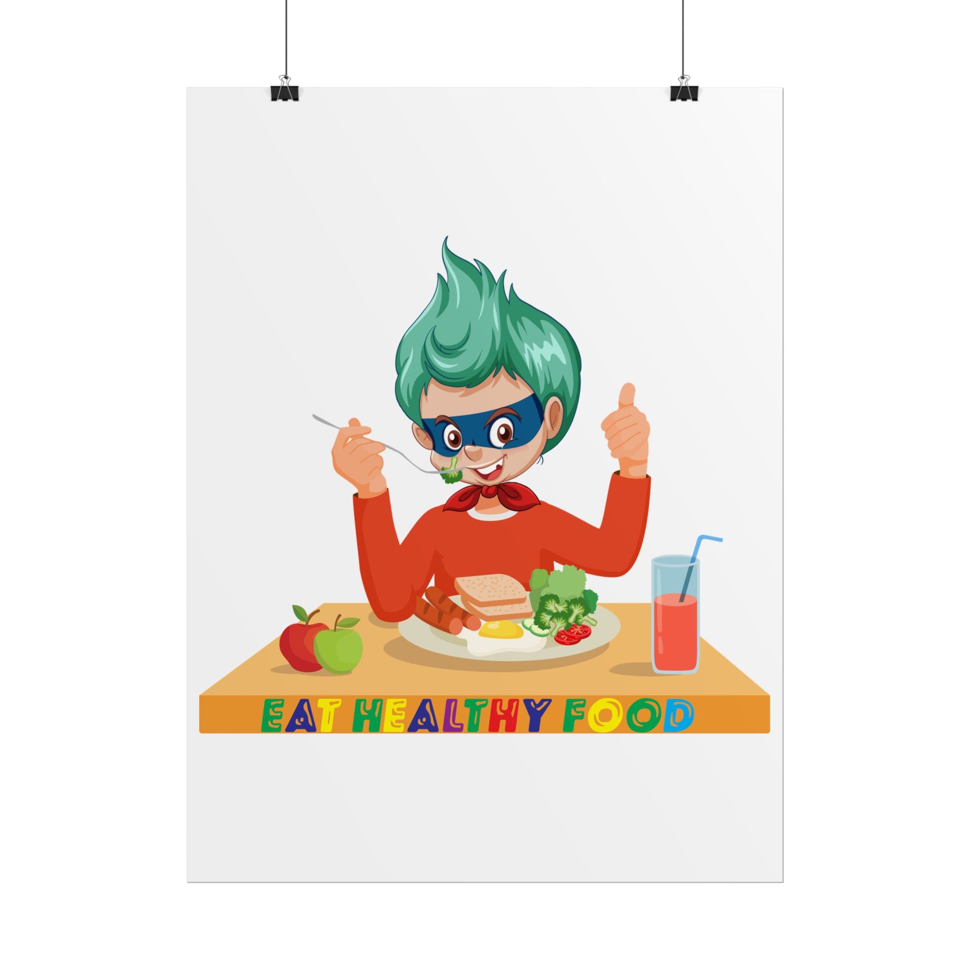 Rolled Posters - Super kiddo eating healthy breafast - [[{"value":"Wonderwear Kid"}]]