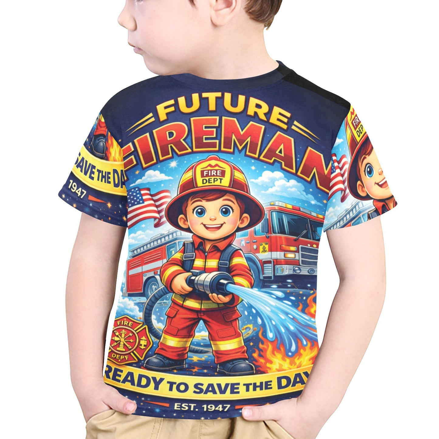 Little Kids' All Over Print Crew Neck T-Shirt - Proud to Serve - Young Patriot - Future Fireman