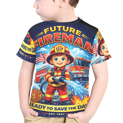 Little Kids' All Over Print Crew Neck T-Shirt - Proud to Serve - Young Patriot - Future Fireman