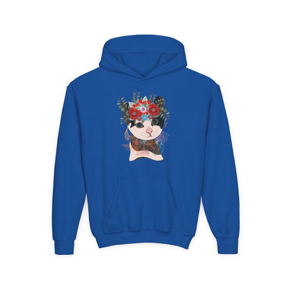 Youth Heavy Blend Hooded Sweatshirt - Lovely cat with crown flower Printify