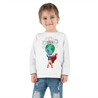 Toddler Long Sleeve Tee - Super kiddo holding globe - [[{"value":"Wonderwear Kid"}]]