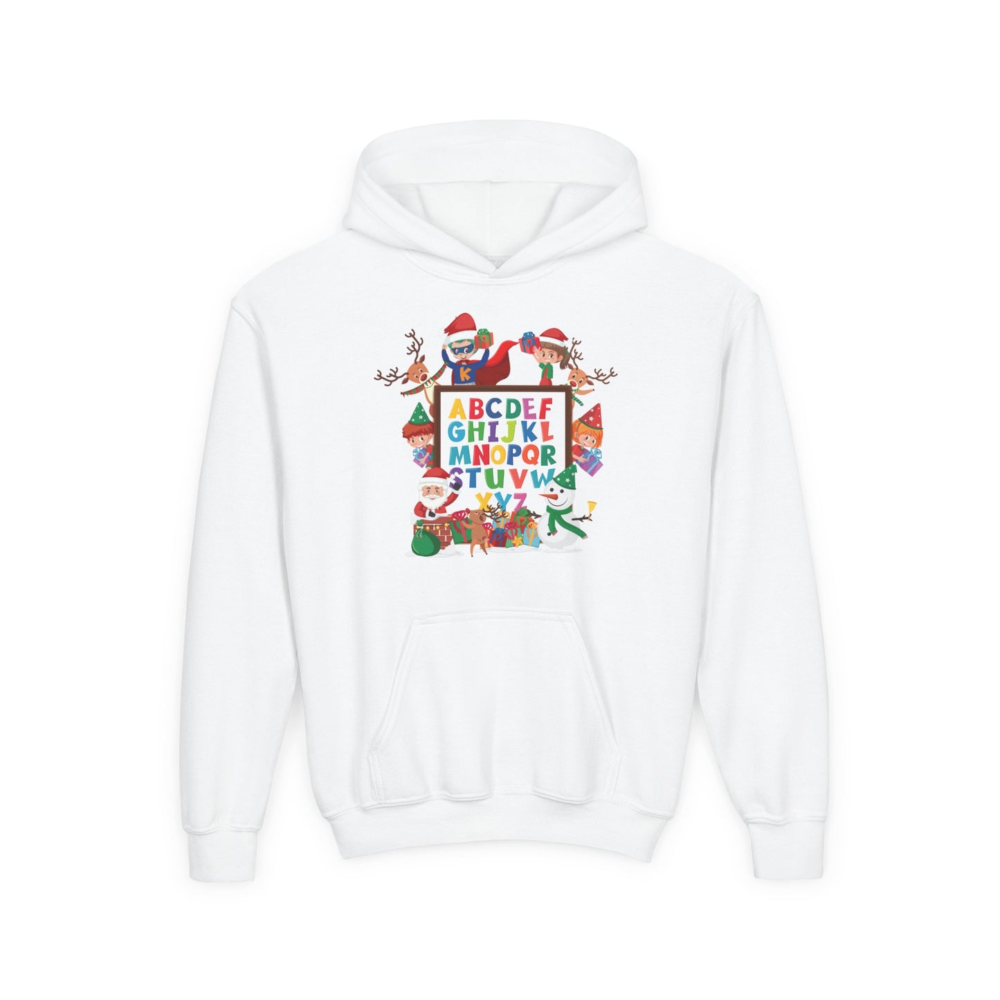 Youth Heavy Blend Hooded Sweatshirt - Christmas alphabet with super kiddo