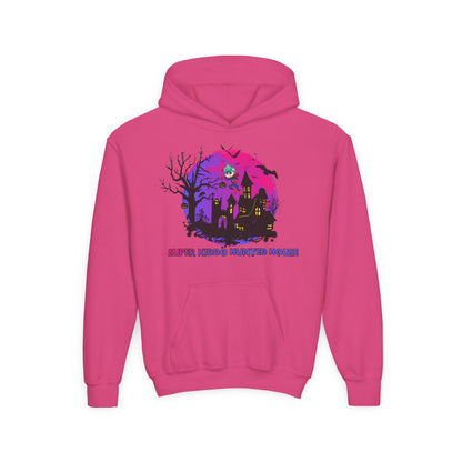 Youth Heavy Blend Hooded Sweatshirt - Super kiddo flying on hunted house - [[{"value":"Wonderwear Kid"}]]