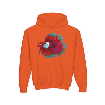 Youth Heavy Blend Hooded Sweatshirt - Red Siamese fighting fish Printify