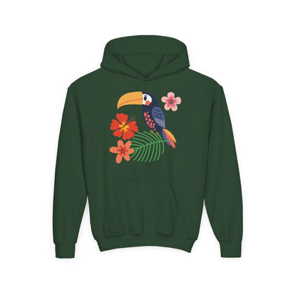 Youth hoodie with vibrant toucan bird design Printify