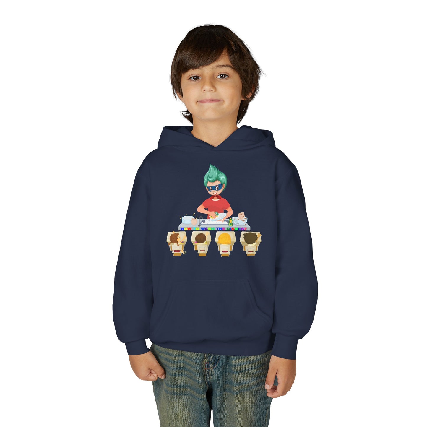 Youth Heavy Blend Hooded Sweatshirt - Little kiddo teaching to wash dishes