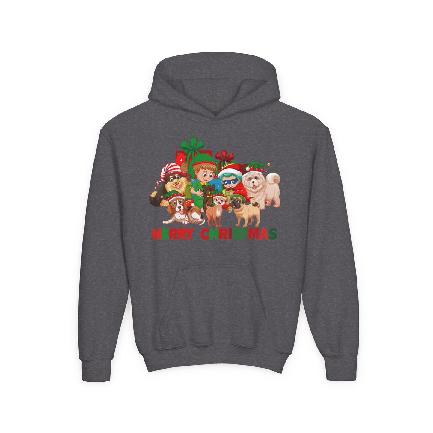 Youth Heavy Blend Hooded Sweatshirt - Christmas with super kiddo pet friends with text