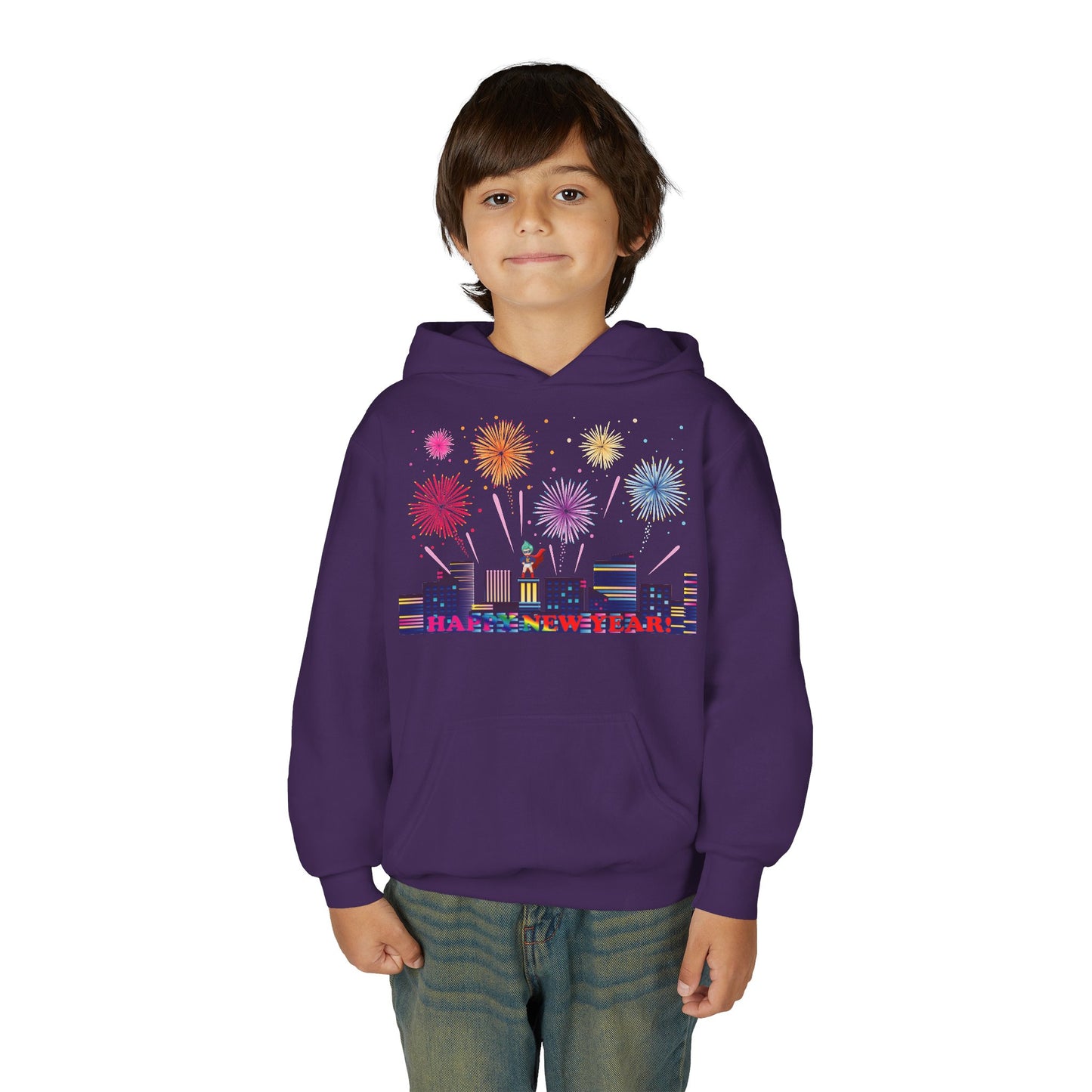 Youth Heavy Blend Hooded Sweatshirt - Super kiddo with fireworks with text
