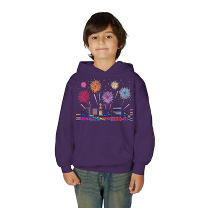 Youth Heavy Blend Hooded Sweatshirt - Super kiddo with fireworks with text - [[{"value":"Wonderwear Kid"}]]