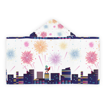 Youth Hooded Towel -  Super kiddo with fireworks - [[{"value":"Wonderwear Kid"}]]