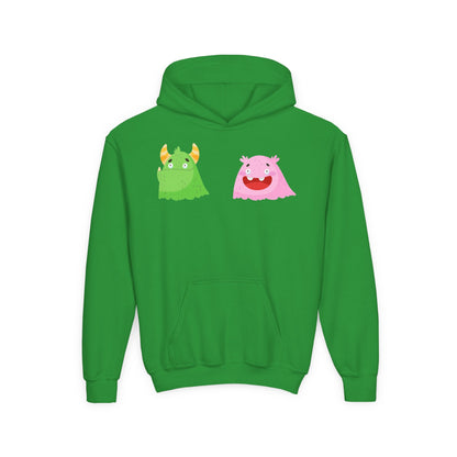 Youth Heavy Blend Hooded Sweatshirt - Green and pink monsters Printify