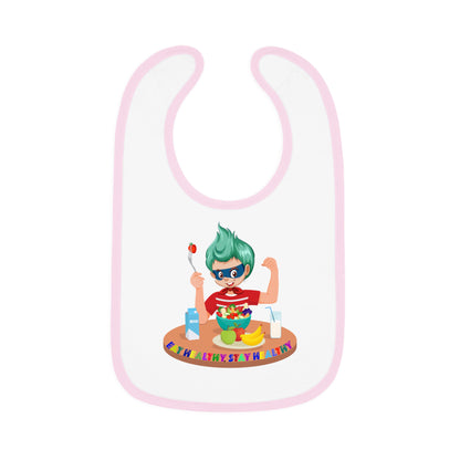 Baby Bib - super kiddo eating healthy food - [[{"value":"Wonderwear Kid"}]]