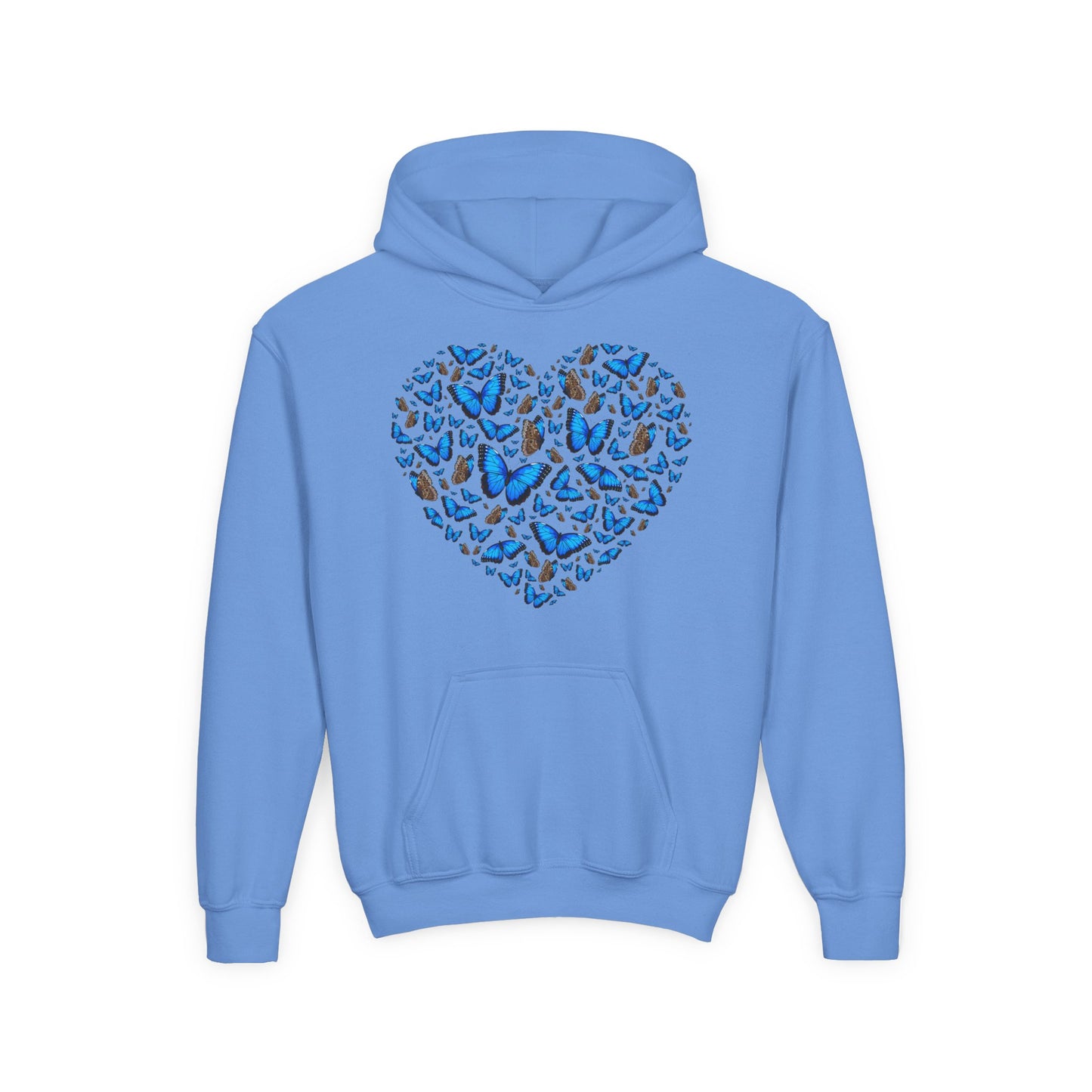 Youth Heavy Blend Hooded Sweatshirt -  Heart shape blue morpho butterfly