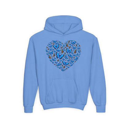 Youth Heavy Blend Hooded Sweatshirt -  Heart shape blue morpho butterfly Printify