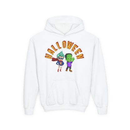 Youth Heavy Blend Hooded Sweatshirt - Holloween with super kiddo Printify