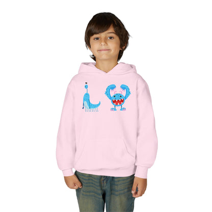 Youth Heavy Blend Hooded Sweatshirt - Happy toothy blue monsters Printify
