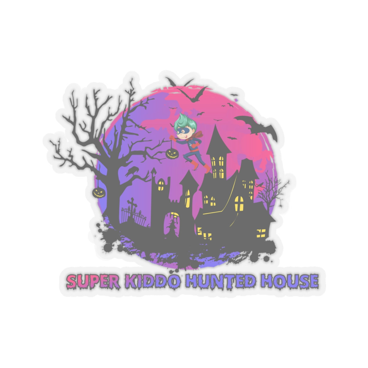 Kiss-Cut Stickers - Super kiddo flying on hunted house - [[{"value":"Wonderwear Kid"}]]
