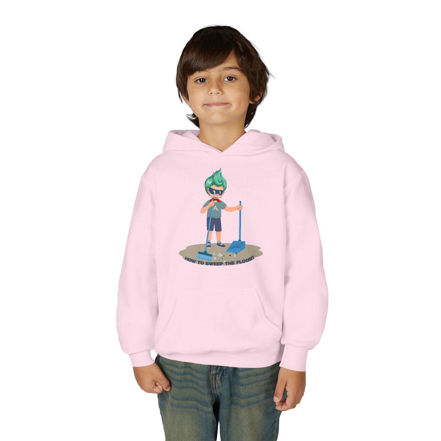 Youth Heavy Blend Hooded Sweatshirt - Super kiddo sweeping floor