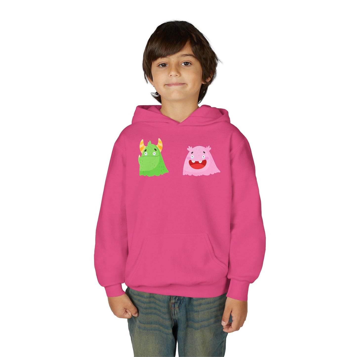 Youth Heavy Blend Hooded Sweatshirt - Green and pink monsters