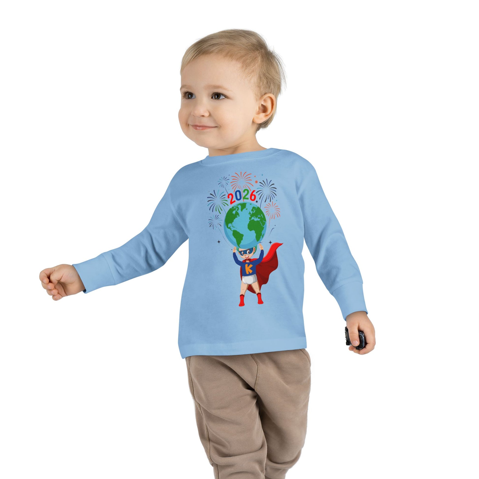Toddler Long Sleeve Tee - Super kiddo holding globe - [[{"value":"Wonderwear Kid"}]]