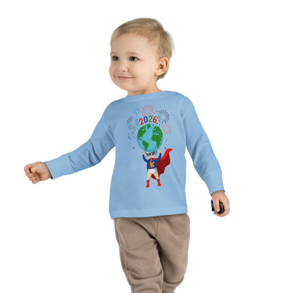 Toddler Long Sleeve Tee - Super kiddo holding globe - [[{"value":"Wonderwear Kid"}]]