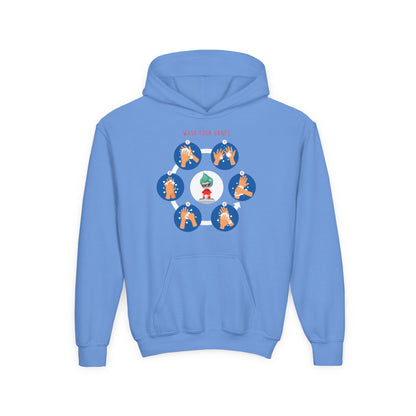 Youth Heavy Blend Hooded Sweatshirt - Super kiddo teaching how to wash hands - [[{"value":"Wonderwear Kid"}]]