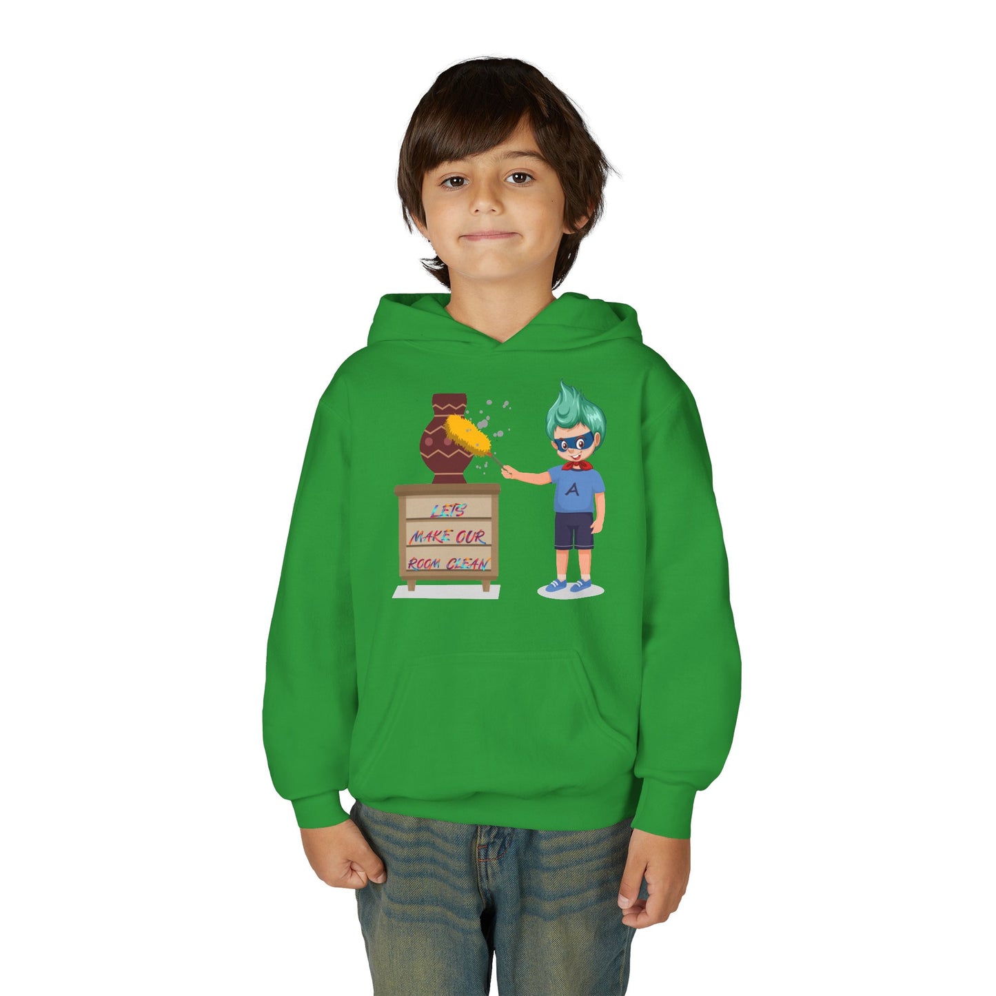 Youth Heavy Blend Hooded Sweatshirt - Super kiddo cleaning a vase