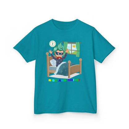 Kids Heavy Cotton™ Tee - Super kiddo teaches us to wake up early - [[{"value":"Wonderwear Kid"}]]