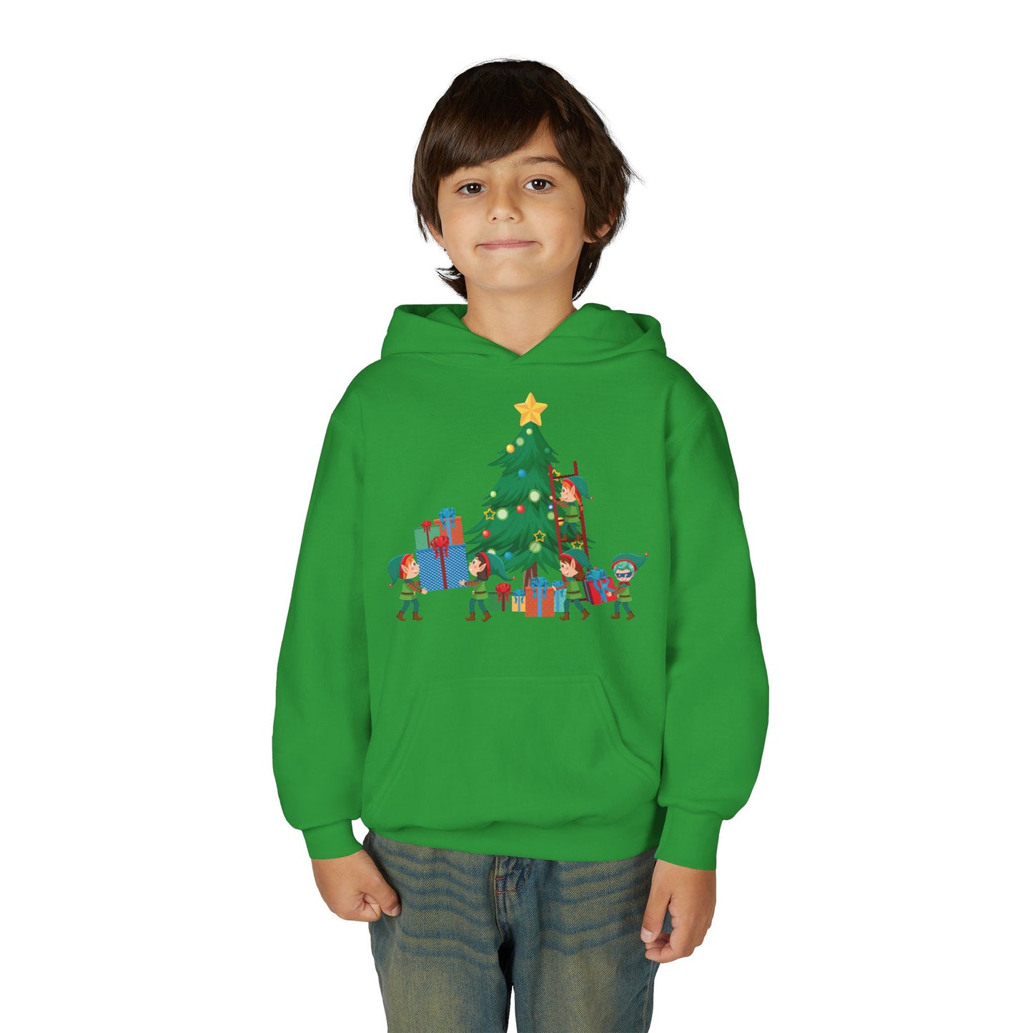 Youth Heavy Blend Hooded Sweatshirt - Super kiddo putting gifts on christmas tree