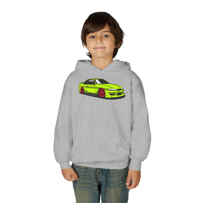 Youth Heavy Blend Hooded Sweatshirt - Yellow green race car Printify