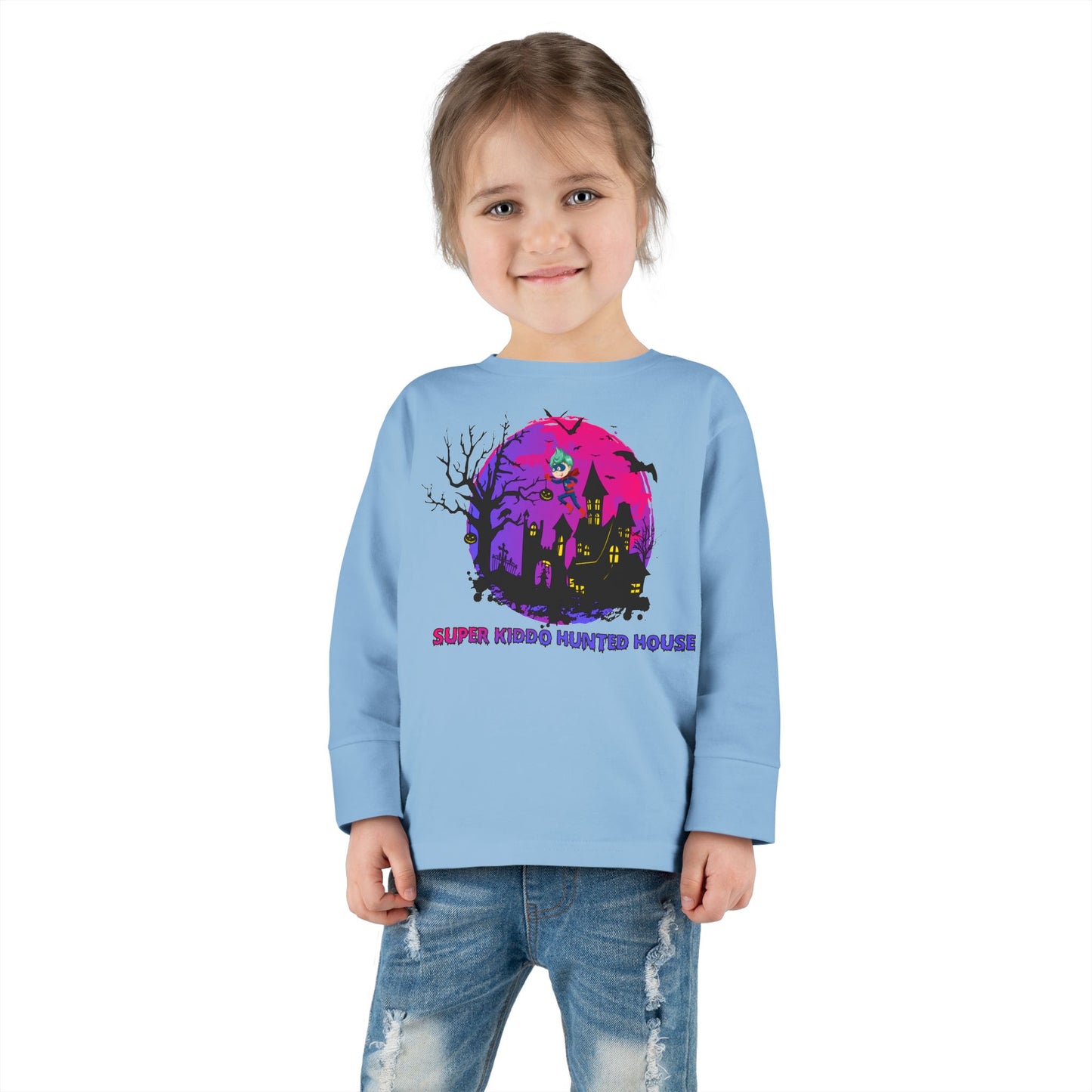 Toddler Long Sleeve Tee - Super kiddo flying on hunted house