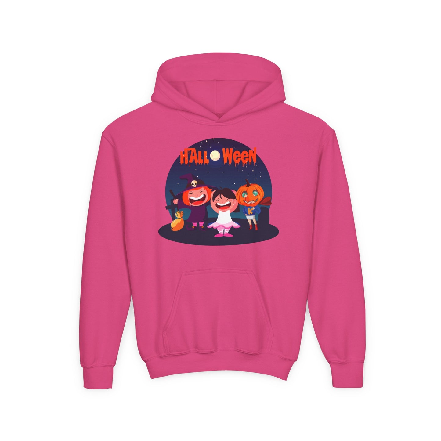 Youth Heavy Blend Hooded Sweatshirt - Super kiddo wearing pumpkin