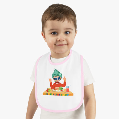 Baby Bib - Super kiddo eating healthy breafast - [[{"value":"Wonderwear Kid"}]]