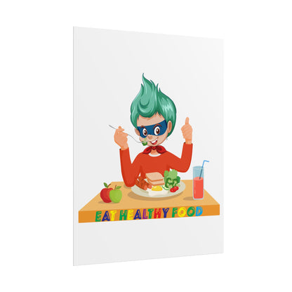Rolled Posters - Super kiddo eating healthy breafast - [[{"value":"Wonderwear Kid"}]]