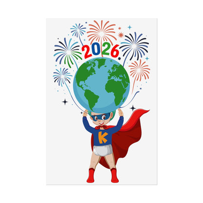 Rolled Posters - Super kiddo holding globe - [[{"value":"Wonderwear Kid"}]]