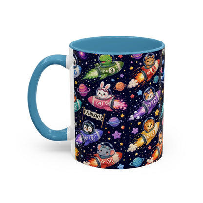 Accent Coffee Mug (11/15 oz) - Kawaii Cosmic Animal Rocket Race