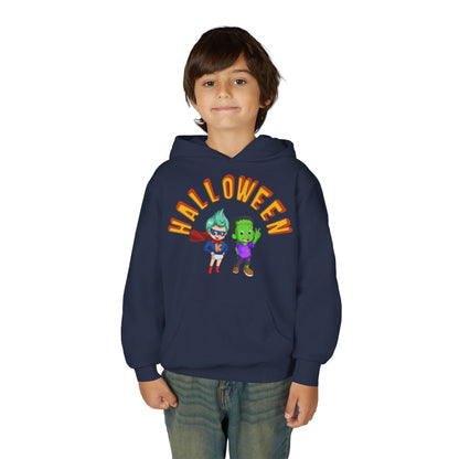 Youth Heavy Blend Hooded Sweatshirt - Holloween with super kiddo Printify