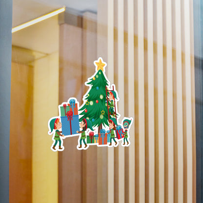 Christmas Kiss-Cut Vinyl Decals – Super kiddo putting gifts on christmas tree - [[{"value":"Wonderwear Kid"}]]