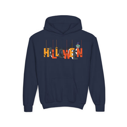 Youth Heavy Blend Hooded Sweatshirt - Holloween hanging letters Printify