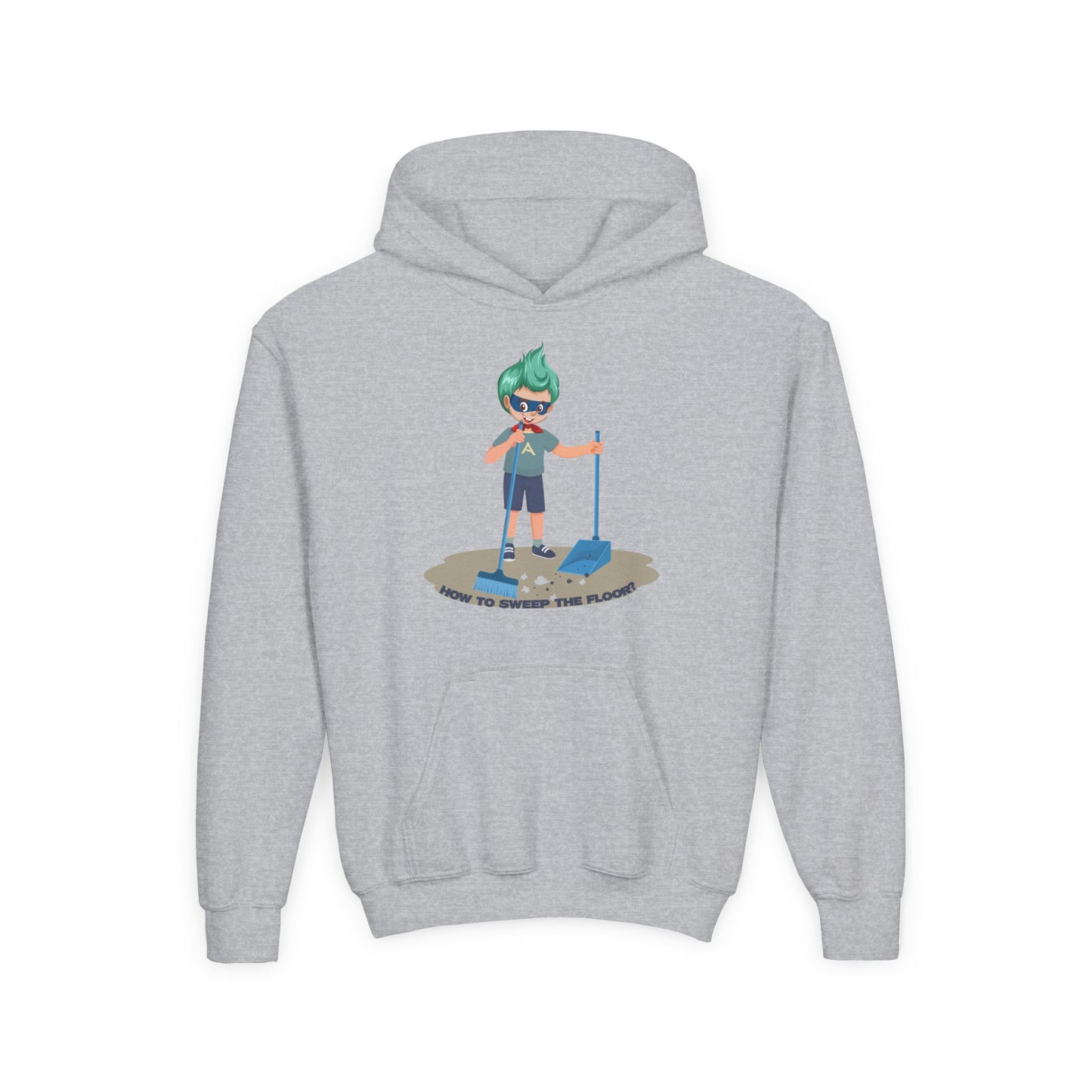 Youth Heavy Blend Hooded Sweatshirt - Super kiddo sweeping floor
