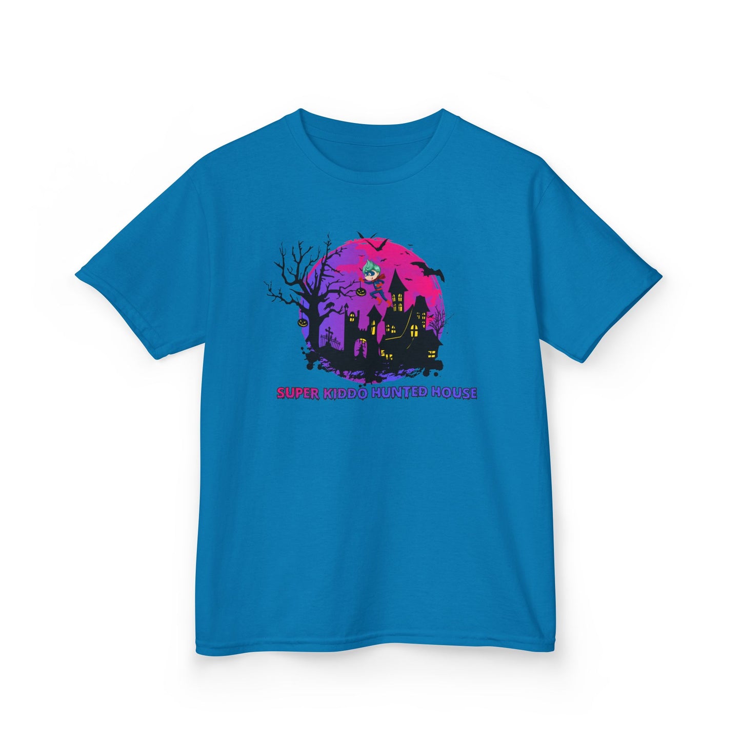 Kids Heavy Cotton™ Tee - Super kiddo flying on hunted house - [[{"value":"Wonderwear Kid"}]]